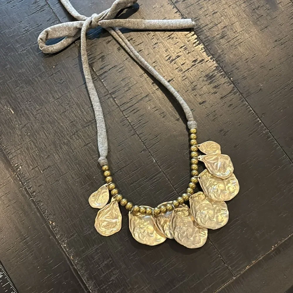 Kenneth Jay Lane Gold Beaded Satin Silver Statement Necklace Gray Fabric Tie​​​